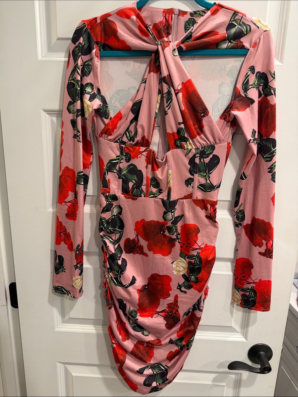 Pink Floral Long-Sleeve Twist-Front Midi Dress